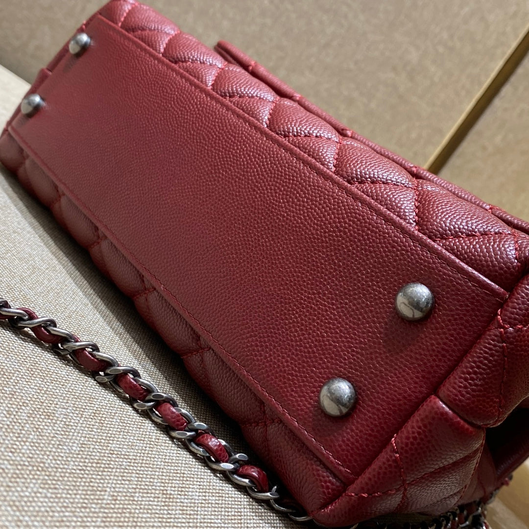 CH FLAP BAG WITH TOP HANDLE 24 Small Grained Calfskin Red Wine Color