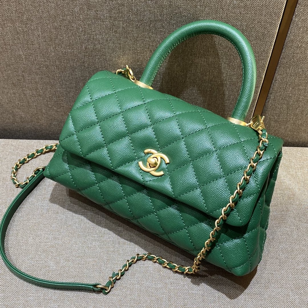 CH FLAP BAG WITH TOP HANDLE 24 Small Grained Calfskin Green