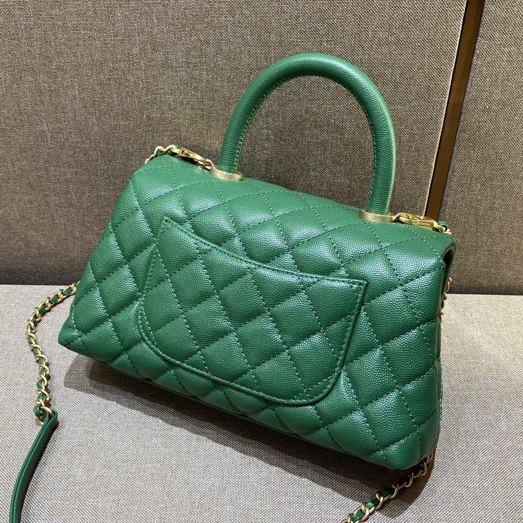 CH FLAP BAG WITH TOP HANDLE 24 Small Grained Calfskin Green