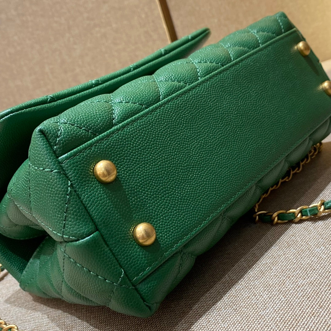 CH FLAP BAG WITH TOP HANDLE 24 Small Grained Calfskin Green