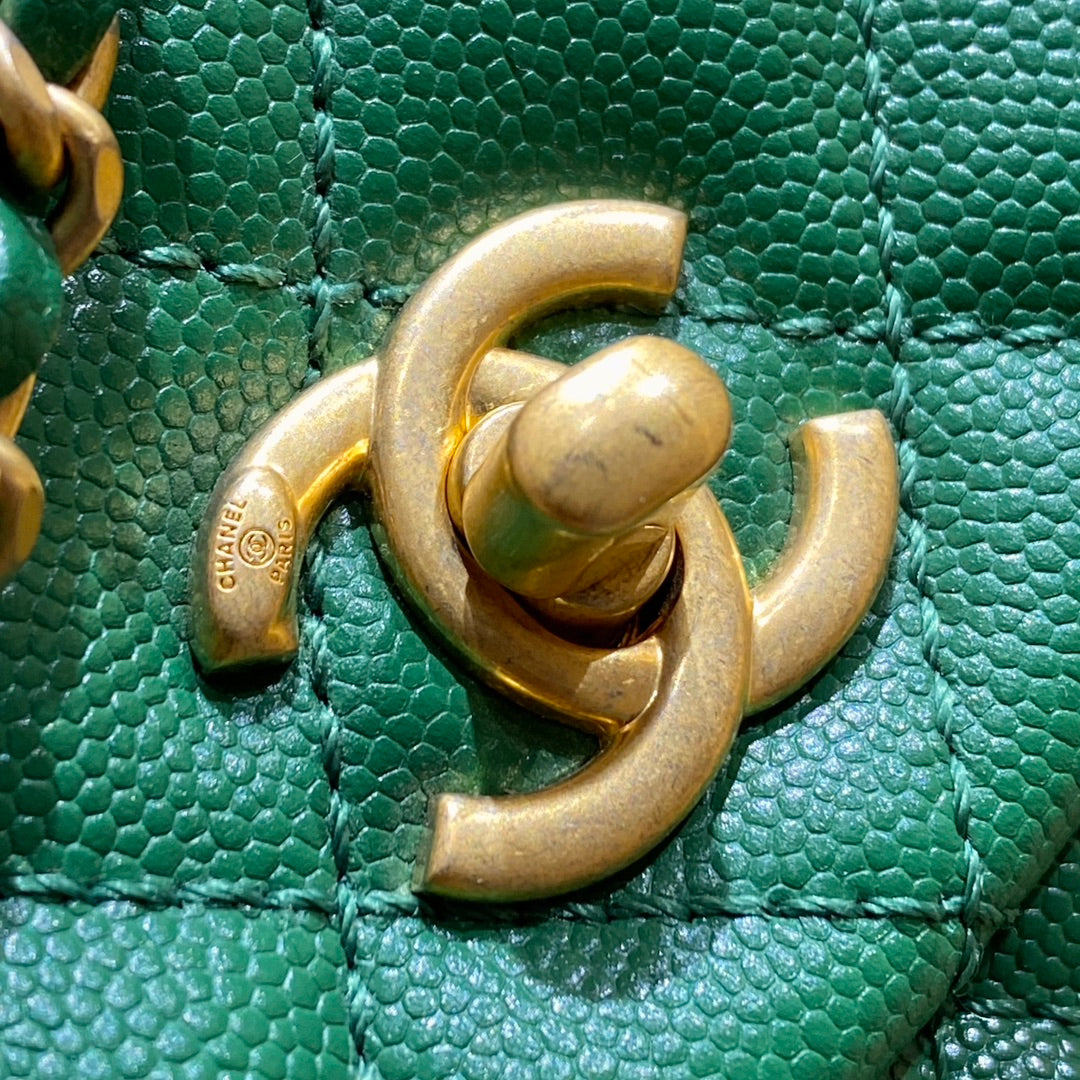 CH FLAP BAG WITH TOP HANDLE 24 Small Grained Calfskin Green