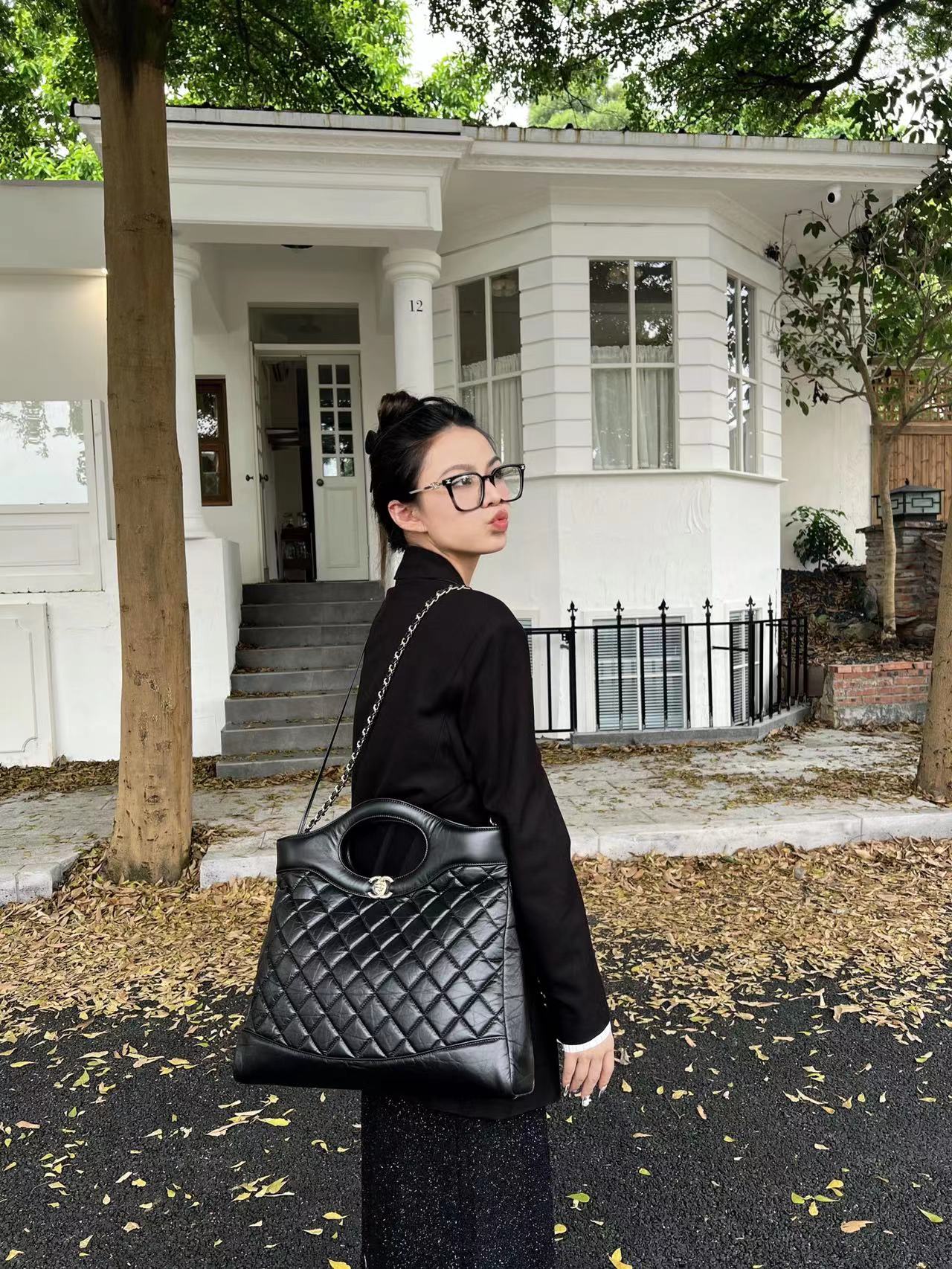 CH 31 Shopping Bag Calfskin with Gold Hardware Black