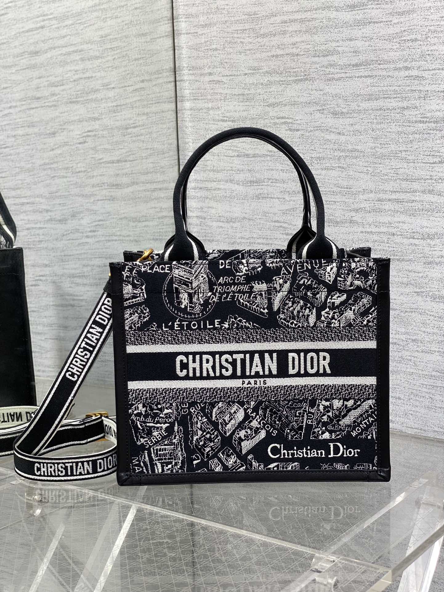 DO Medium Book Tote Black and White Plan de Paris Embroidery with Black Calfskin