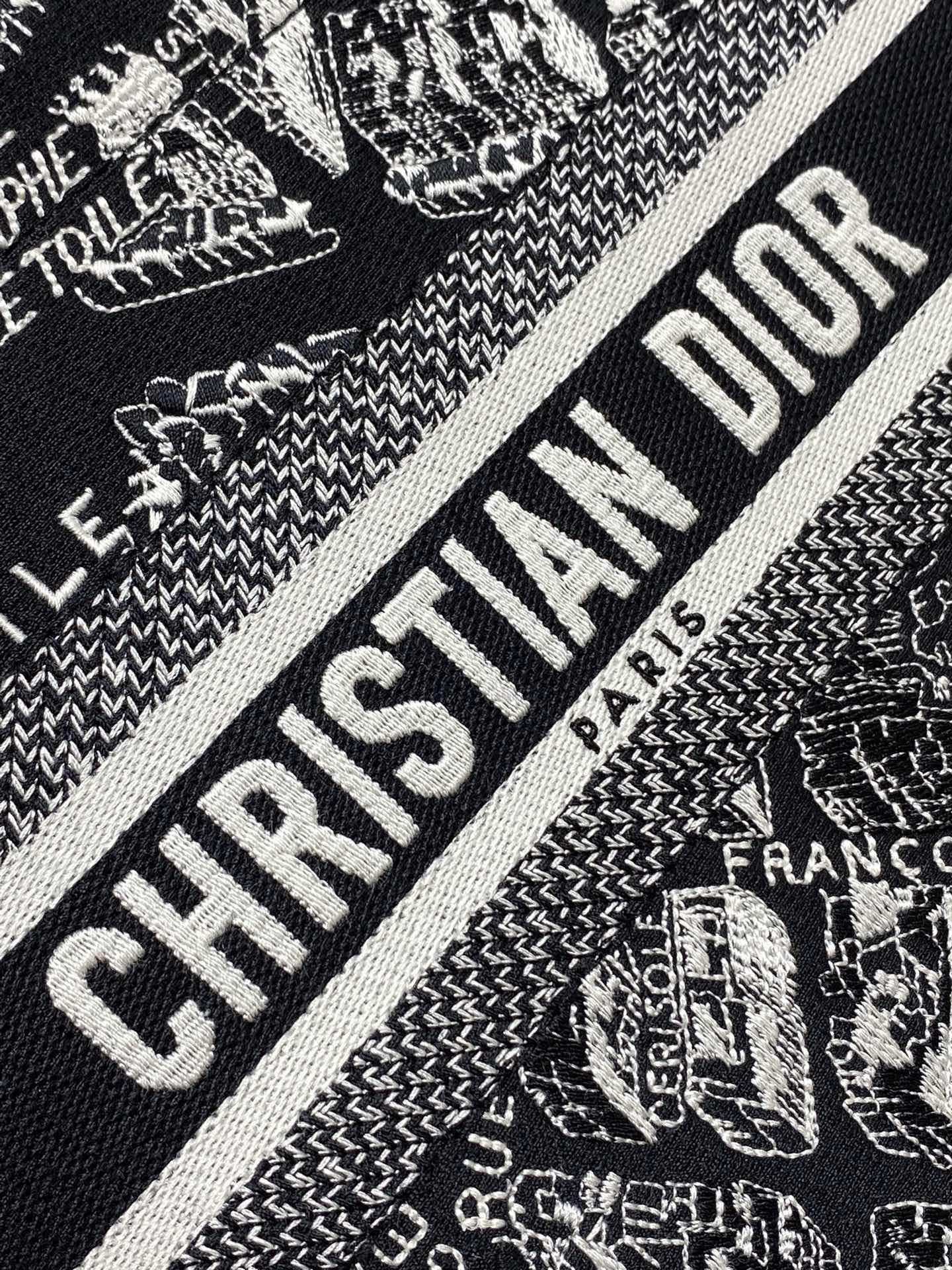 DO Medium Book Tote Black and White Plan de Paris Embroidery with Black Calfskin