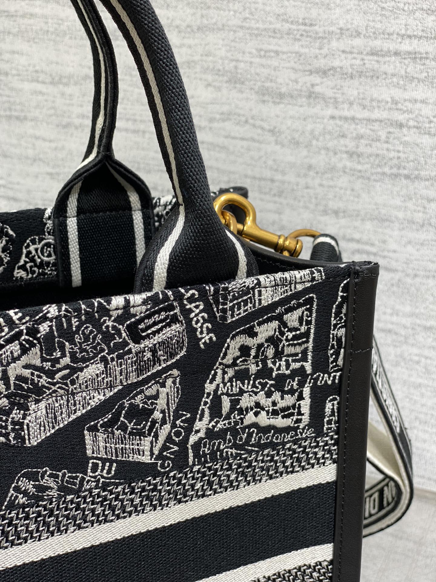 DO Medium Book Tote Black and White Plan de Paris Embroidery with Black Calfskin