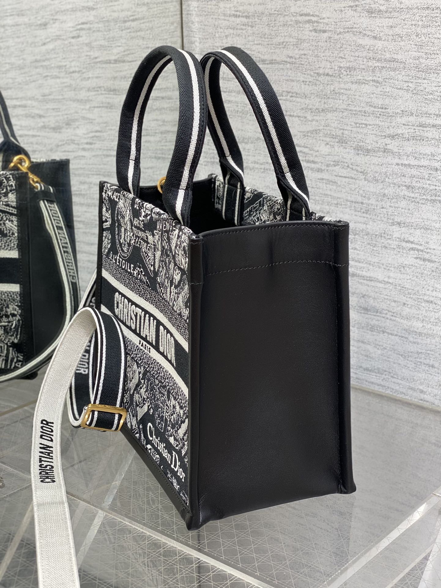 DO Medium Book Tote Black and White Plan de Paris Embroidery with Black Calfskin