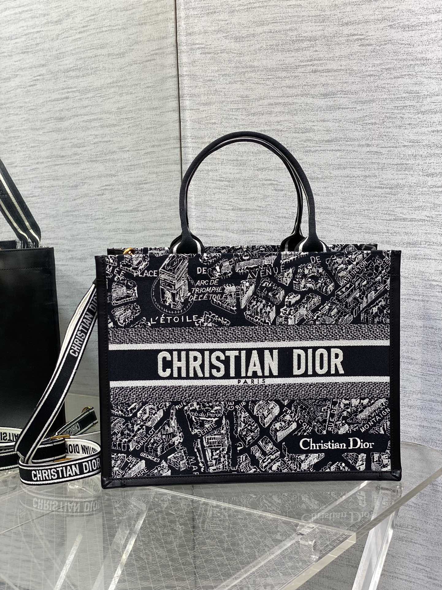 DO Medium Book Tote Black and White Plan de Paris Embroidery with Black Calfskin