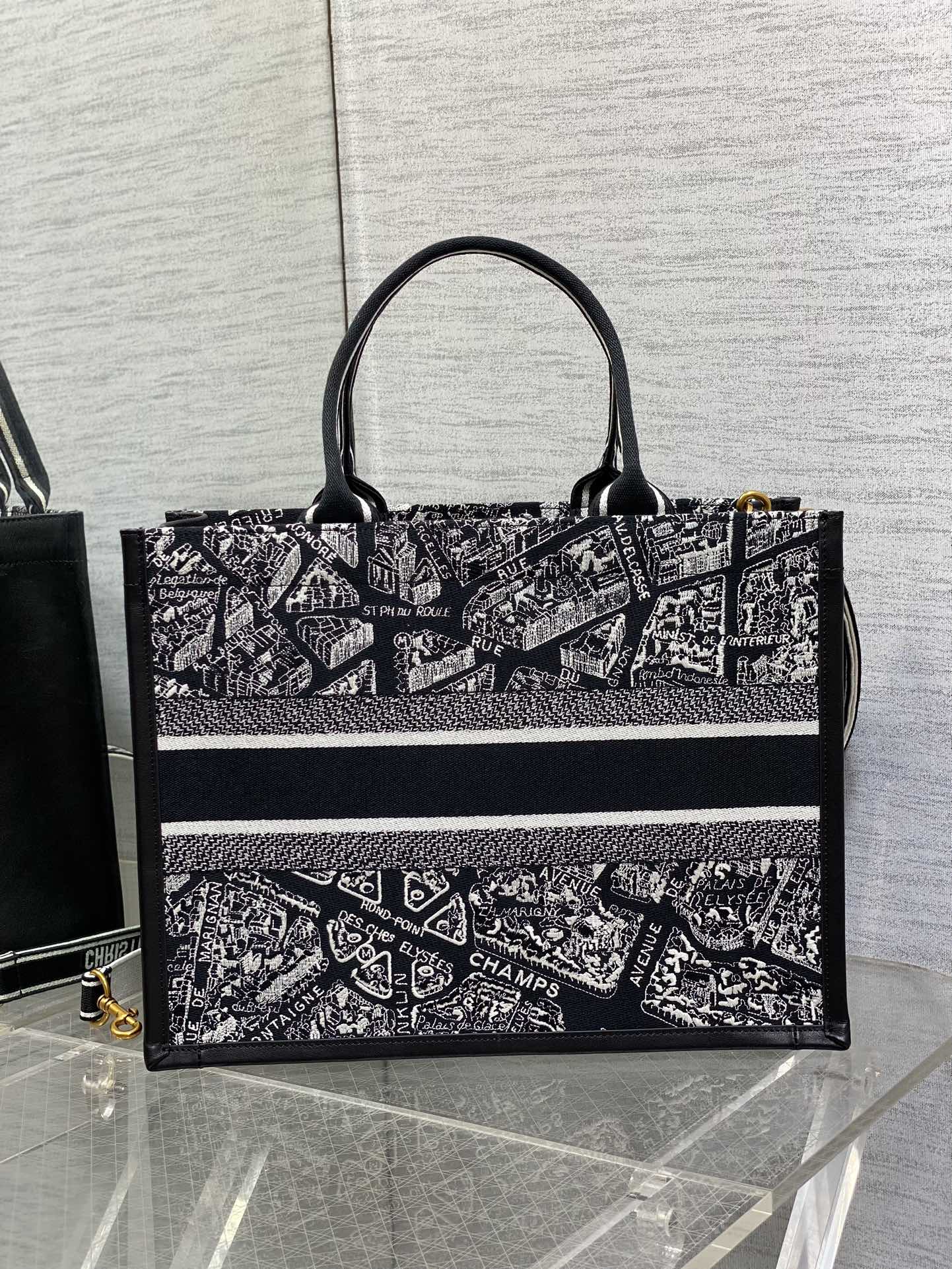 DO Medium Book Tote Black and White Plan de Paris Embroidery with Black Calfskin