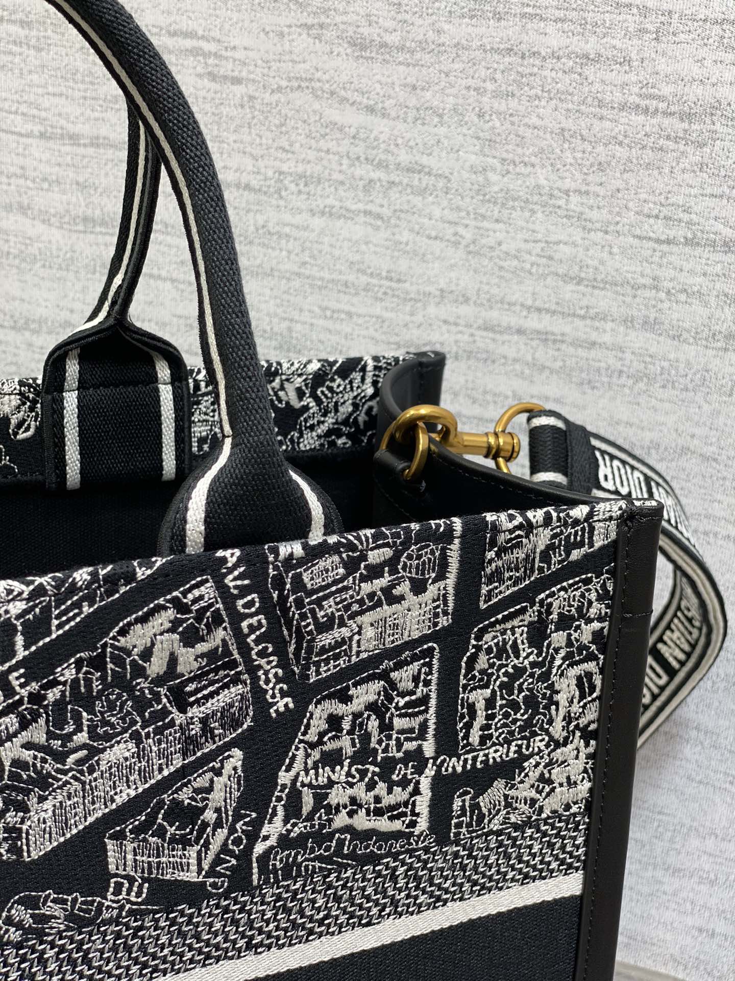 DO Medium Book Tote Black and White Plan de Paris Embroidery with Black Calfskin