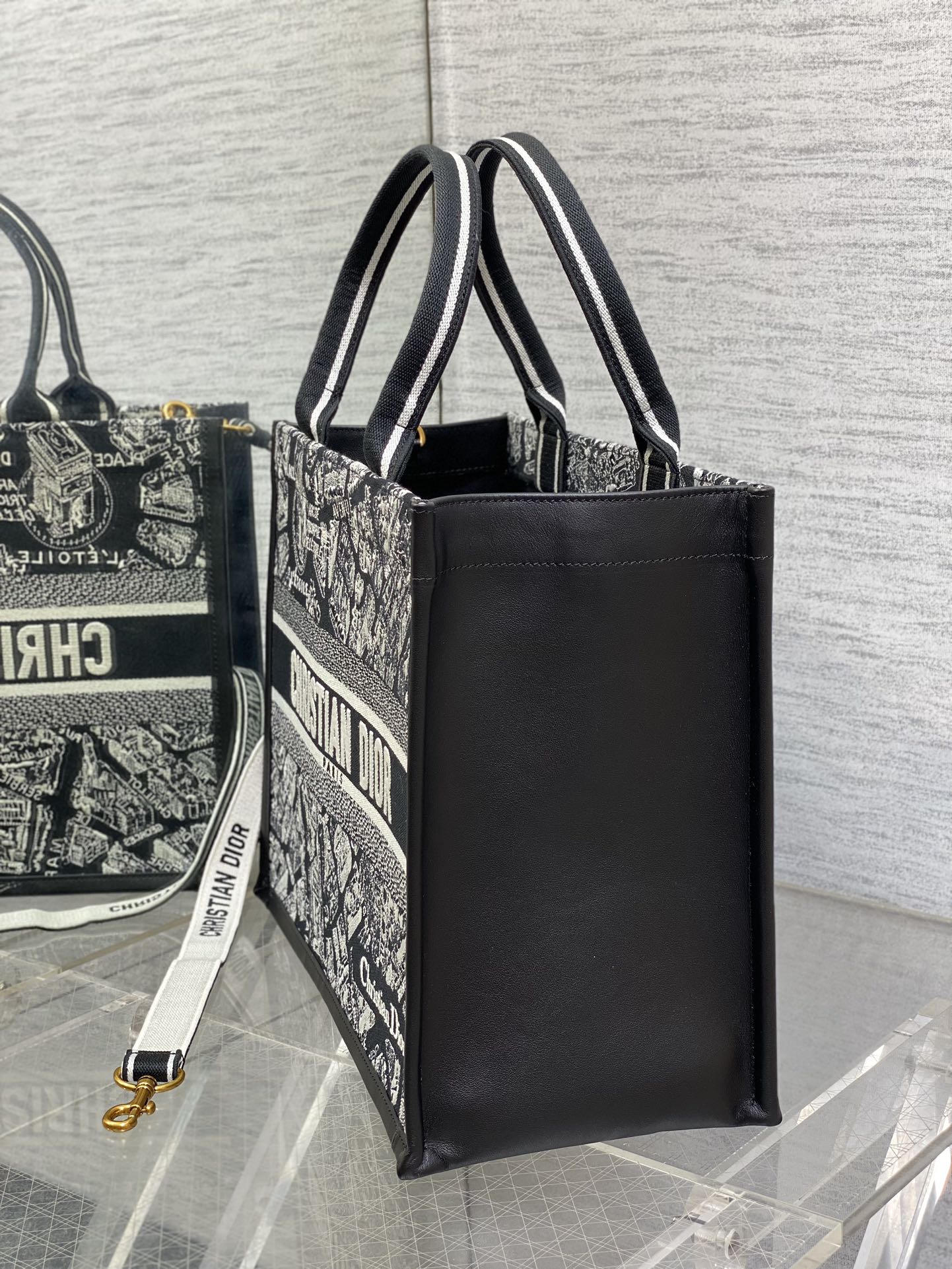 DO Medium Book Tote Black and White Plan de Paris Embroidery with Black Calfskin