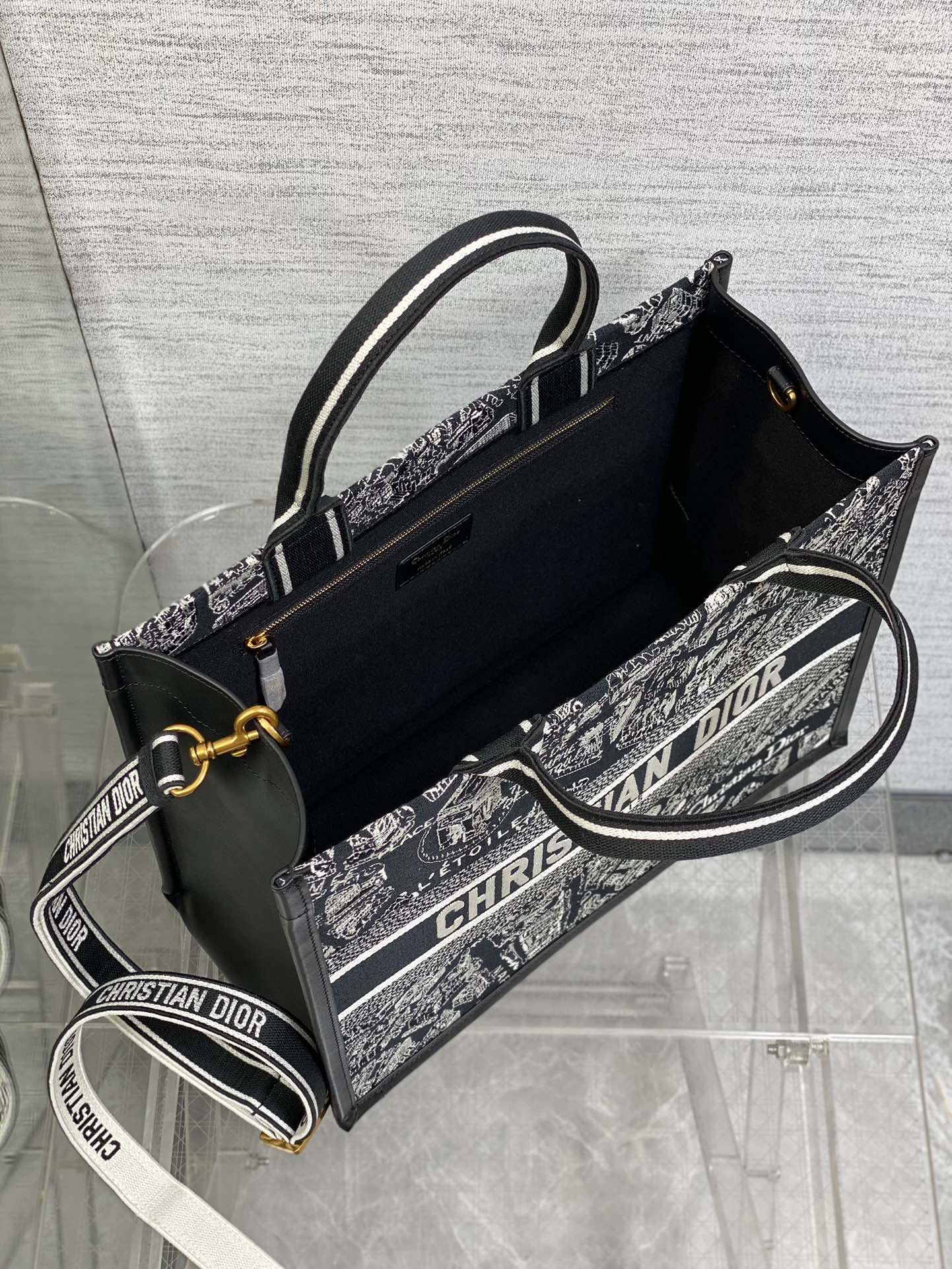 DO Medium Book Tote Black and White Plan de Paris Embroidery with Black Calfskin