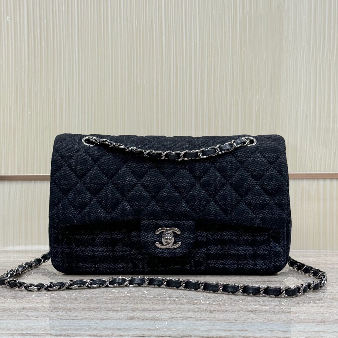 CH Classic 11.12 Handbag 25.5 Printed Denim & Ruthenium-Finish Metal Black