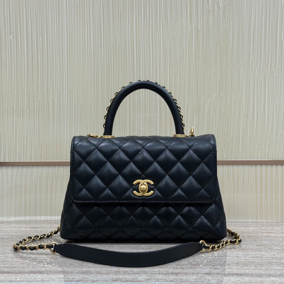 CH FLAP BAG WITH TOP HANDLE 24 Grained Calfskin Black