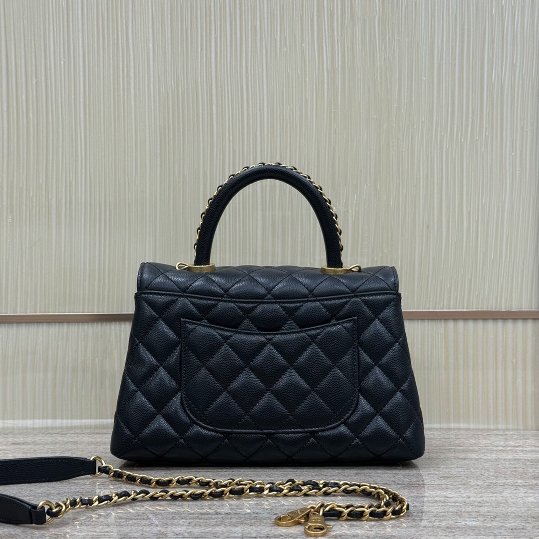 CH FLAP BAG WITH TOP HANDLE 24 Grained Calfskin Black