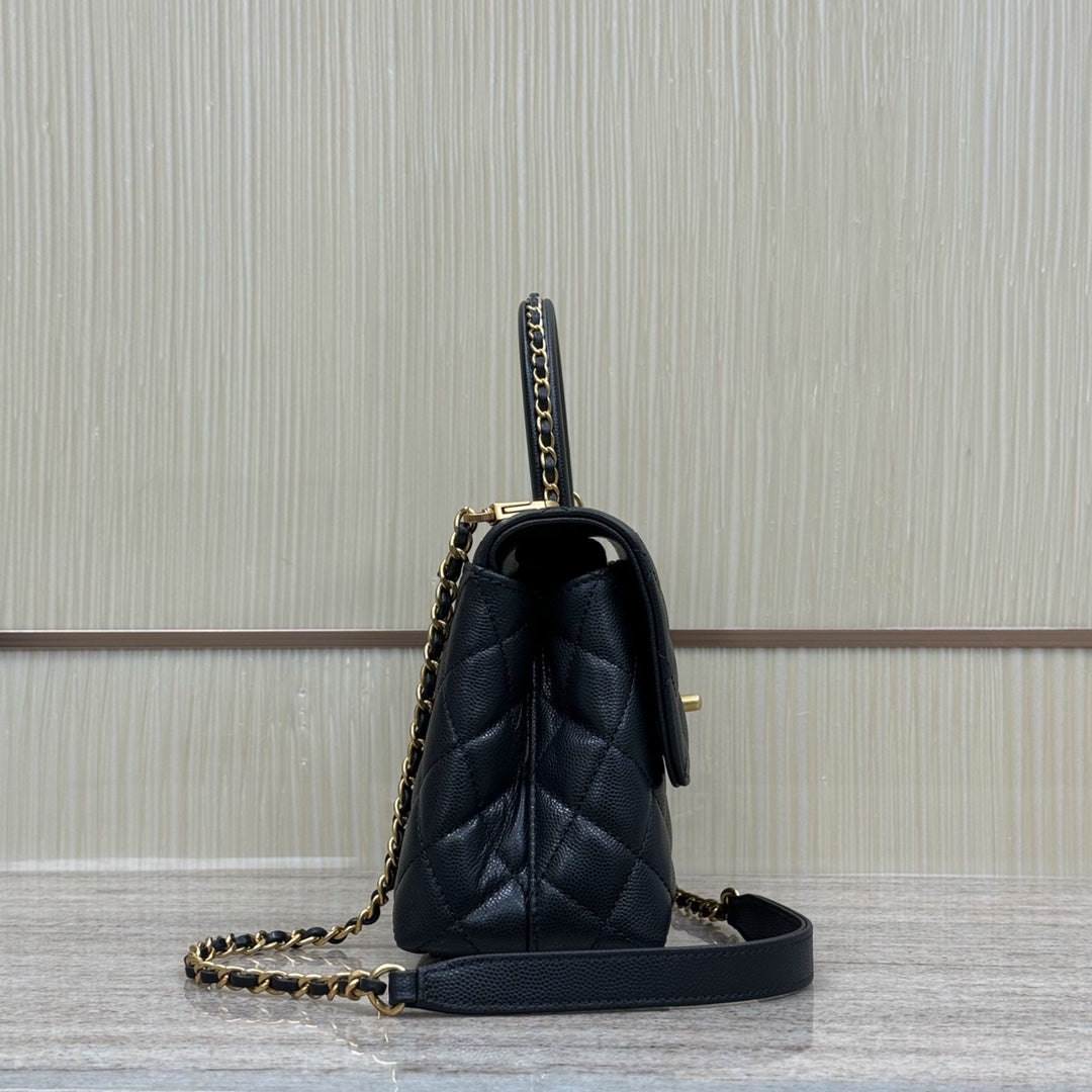 CH FLAP BAG WITH TOP HANDLE 24 Grained Calfskin Black