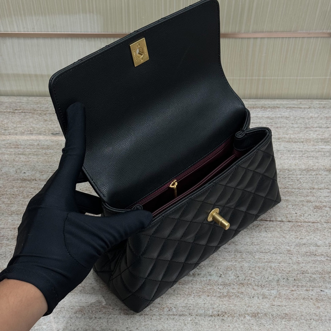 CH FLAP BAG WITH TOP HANDLE 24 Grained Calfskin Black
