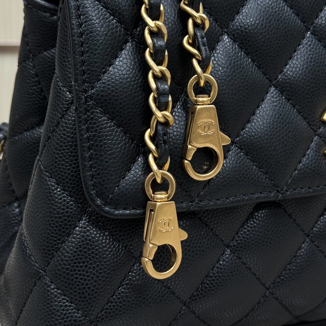 CH FLAP BAG WITH TOP HANDLE 24 Grained Calfskin Black