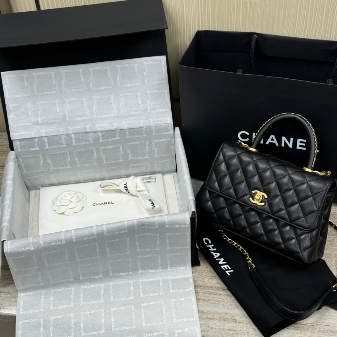 CH FLAP BAG WITH TOP HANDLE 24 Grained Calfskin Black
