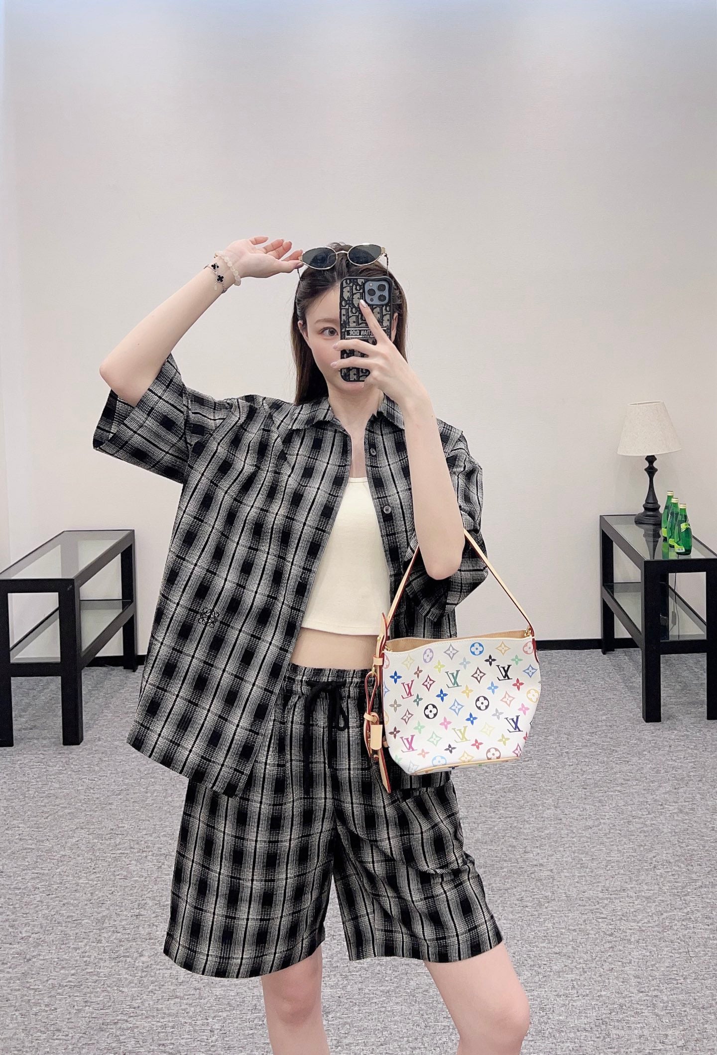 L*♥2025 new products on sale Plaid short-sleeved shirt and shorts set
