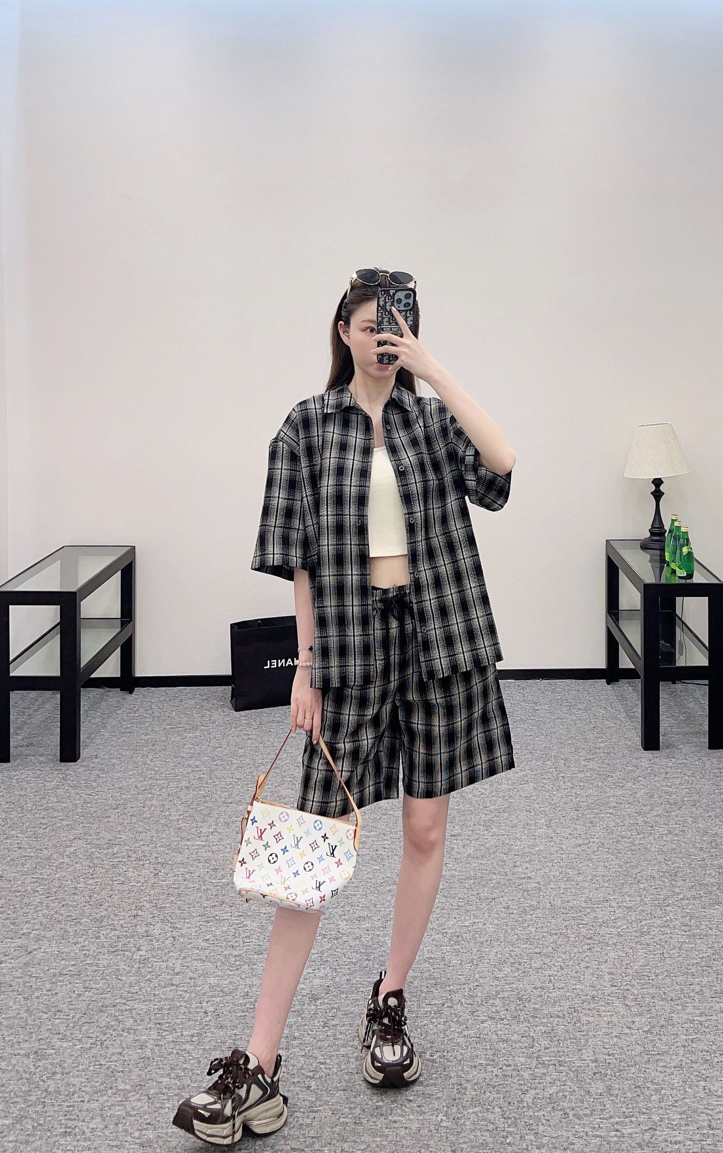 L*♥2025 new products on sale Plaid short-sleeved shirt and shorts set