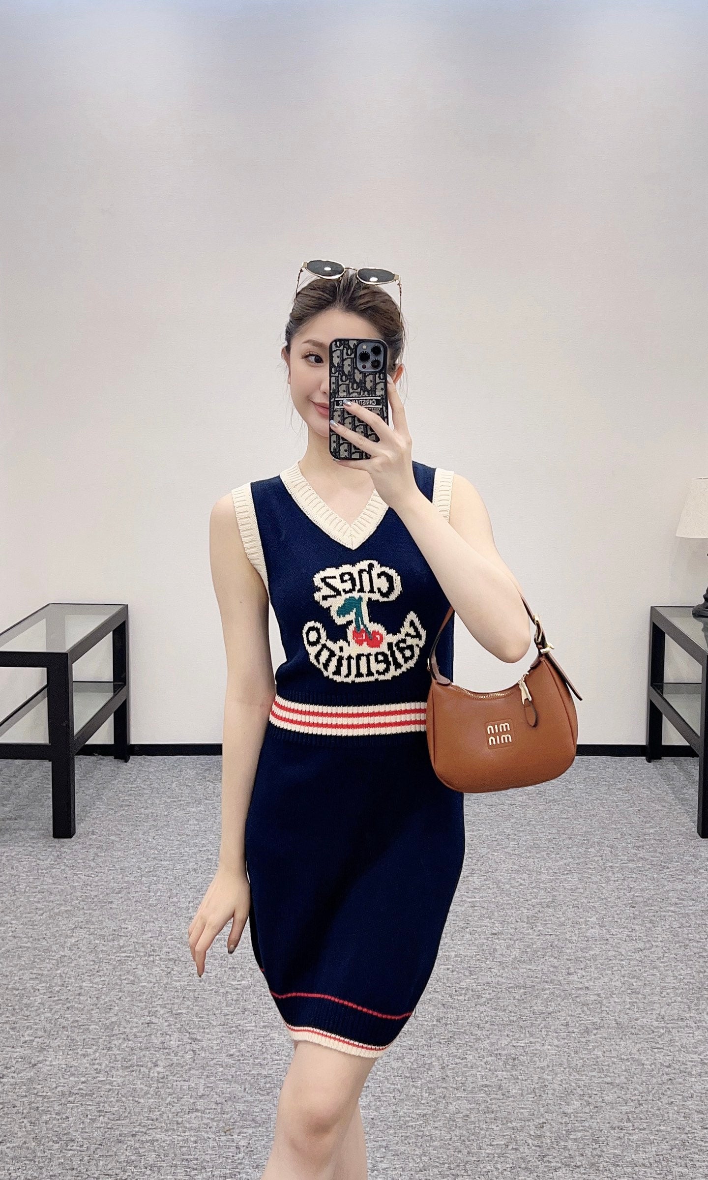 V*♥2025 new products Cherry knitted vest dress