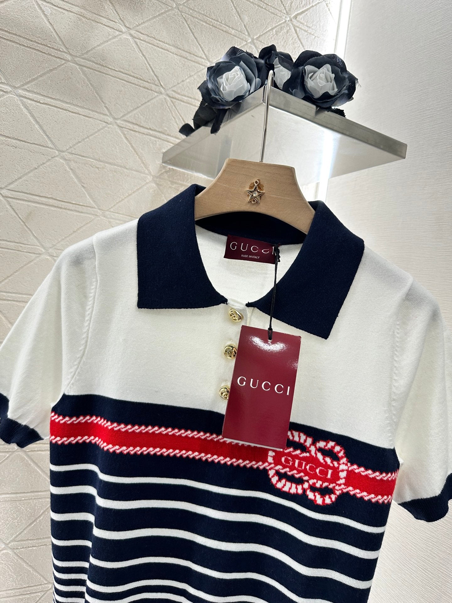 G*♥2025 new product Lapel striped knitted short sleeves