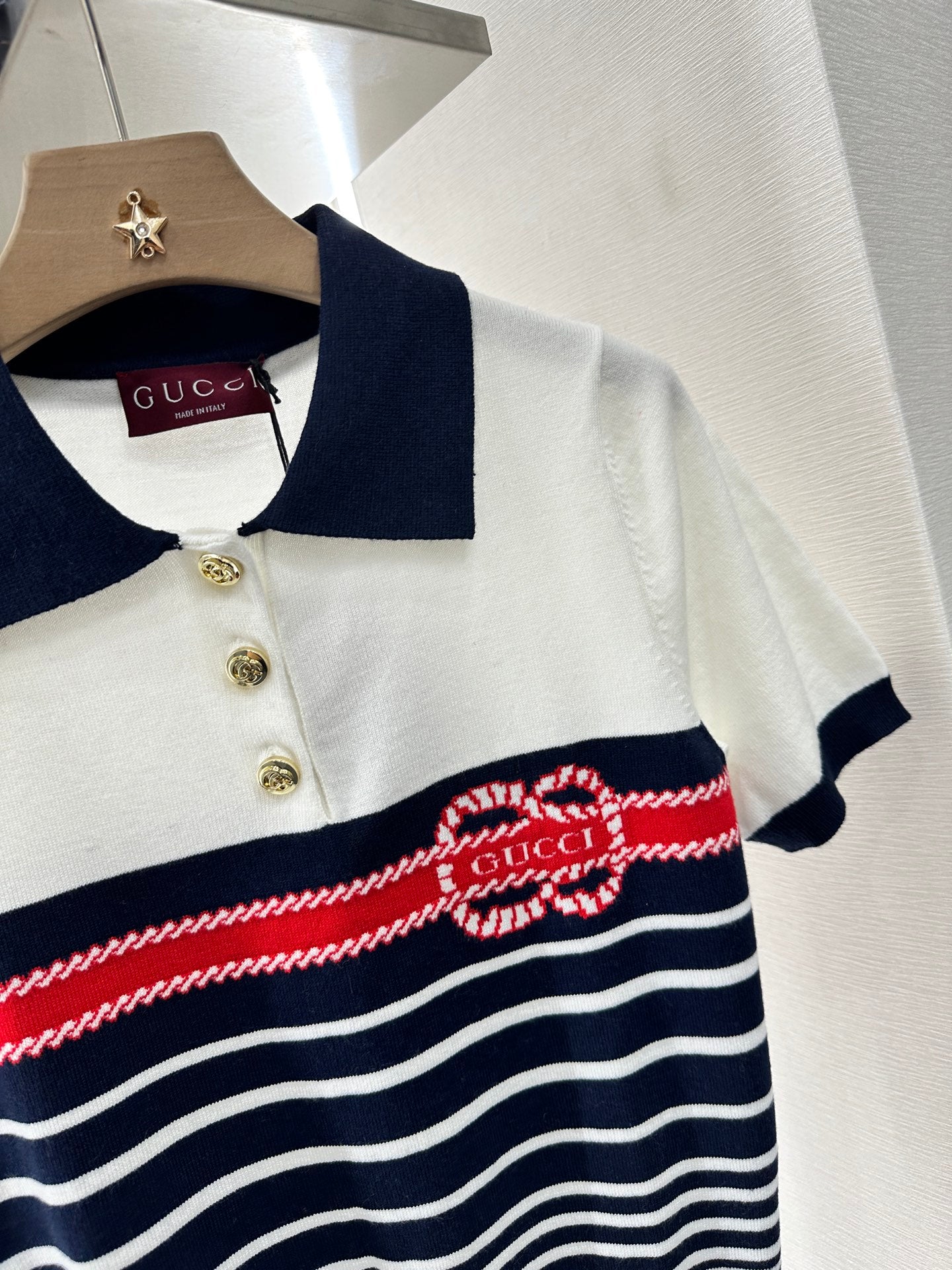 G*♥2025 new product Lapel striped knitted short sleeves