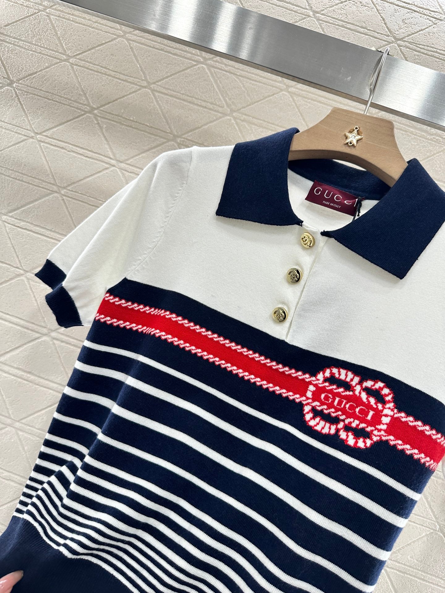 G*♥2025 new product Lapel striped knitted short sleeves
