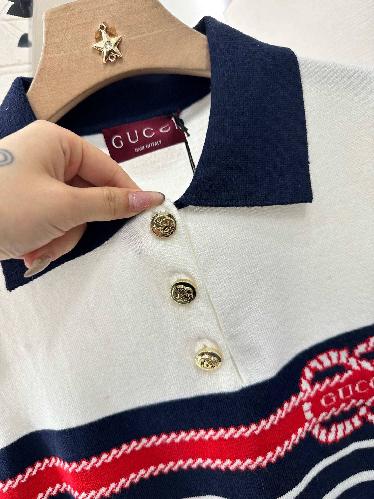 G*♥2025 new product Lapel striped knitted short sleeves