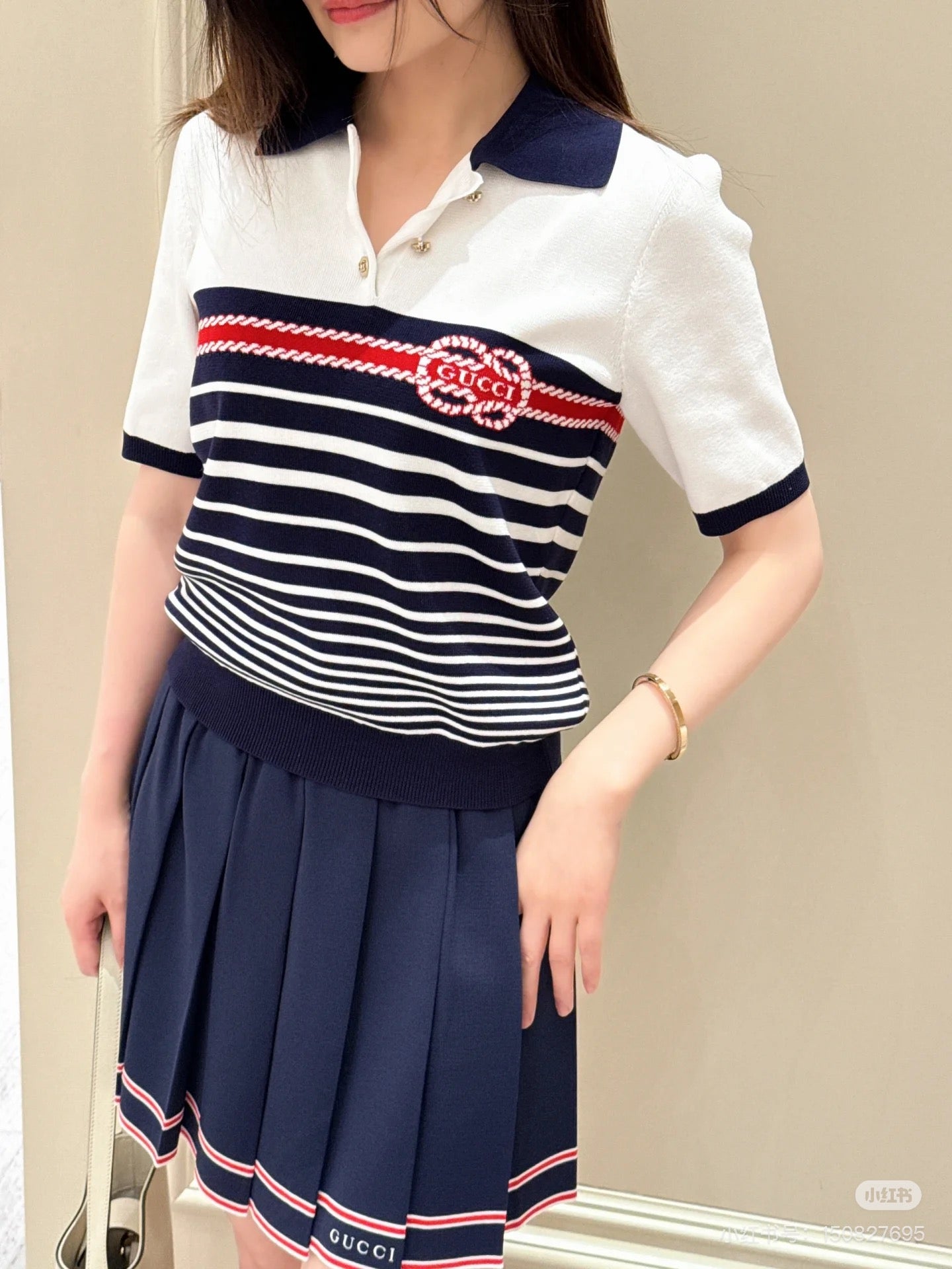 G*♥2025 new product Lapel striped knitted short sleeves