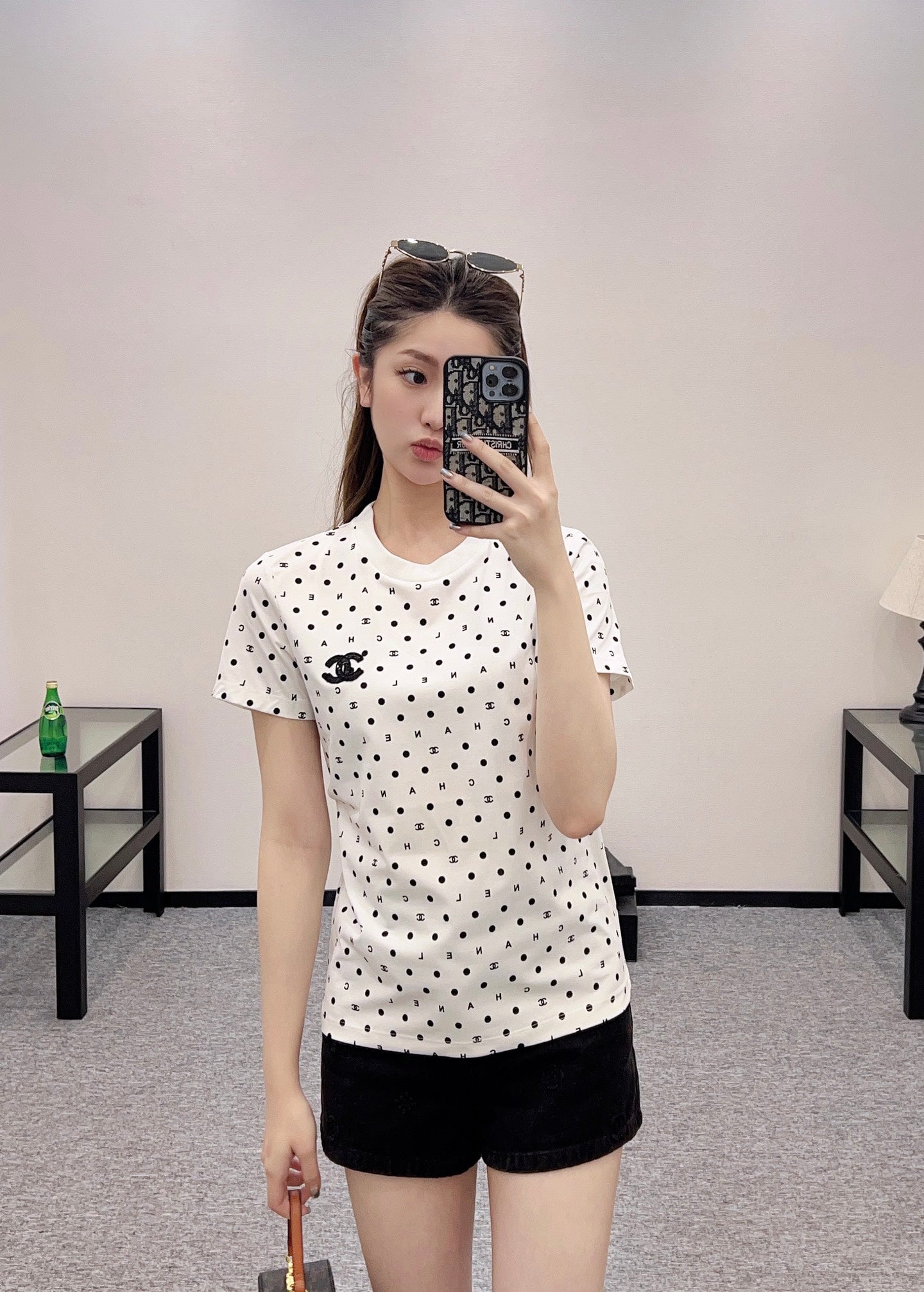 C*♥2025 new product Round neck polka dot letters