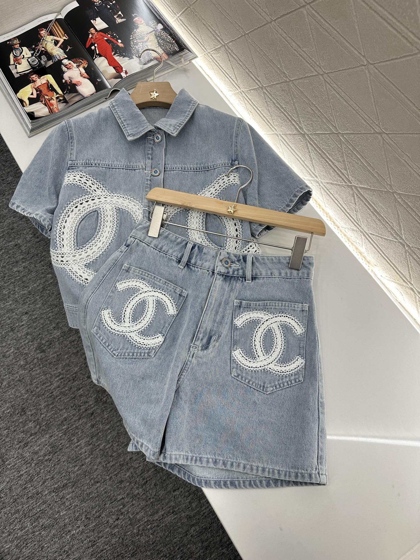 C*♥2025 new product Lace embroidered denim suit