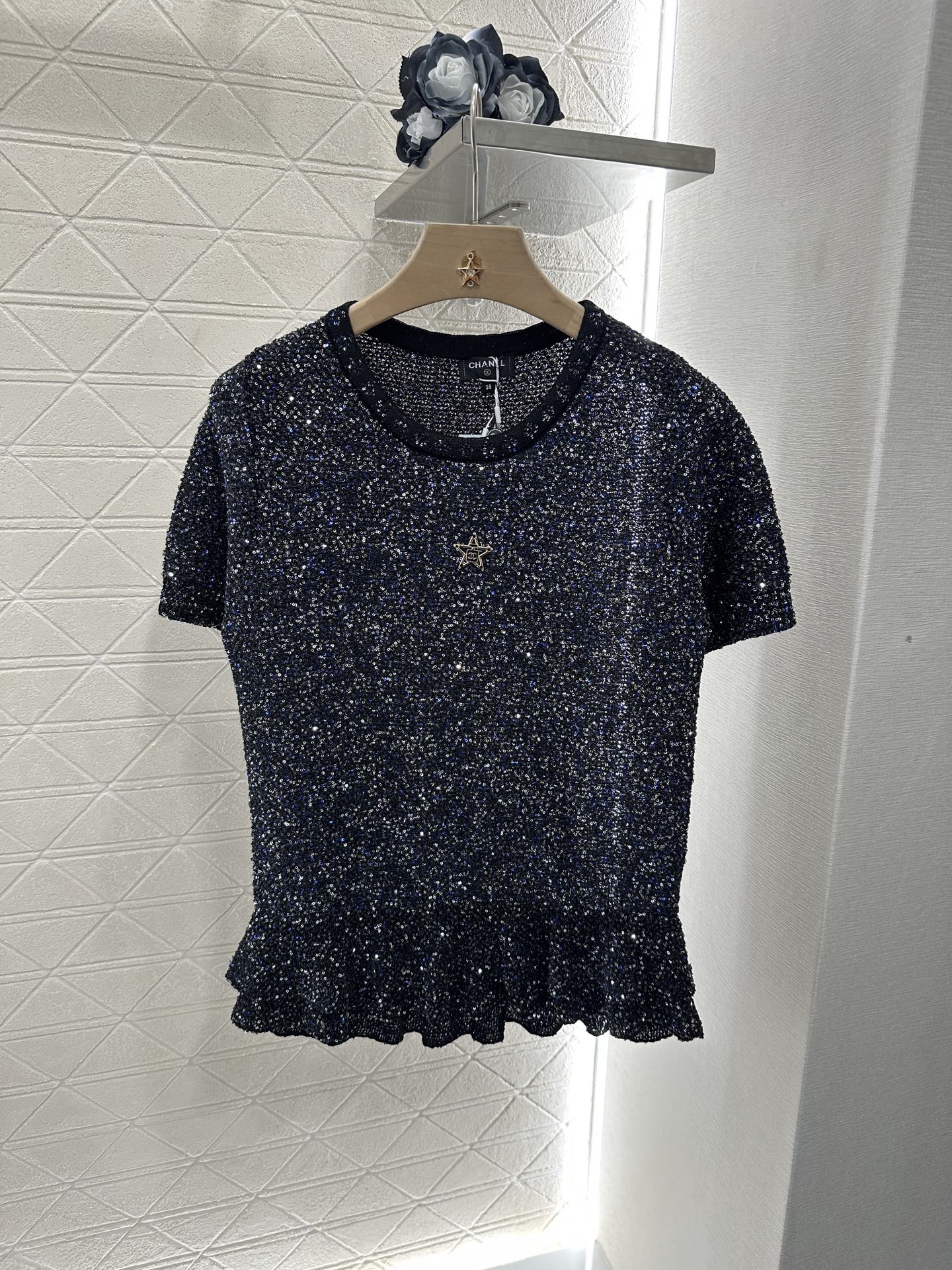 C*♥2025 new product Sequined silver knitted short sleeves