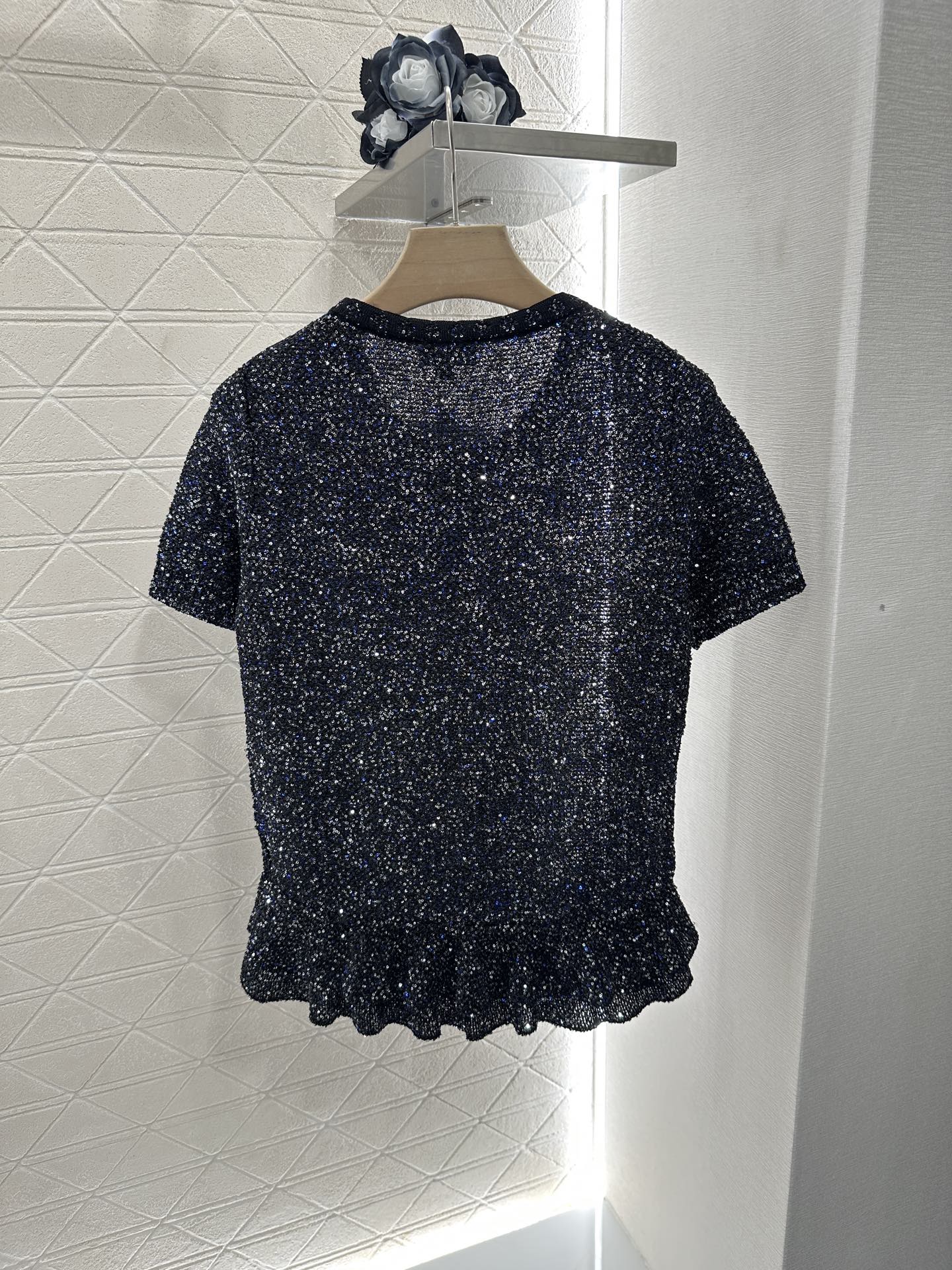 C*♥2025 new product Sequined silver knitted short sleeves