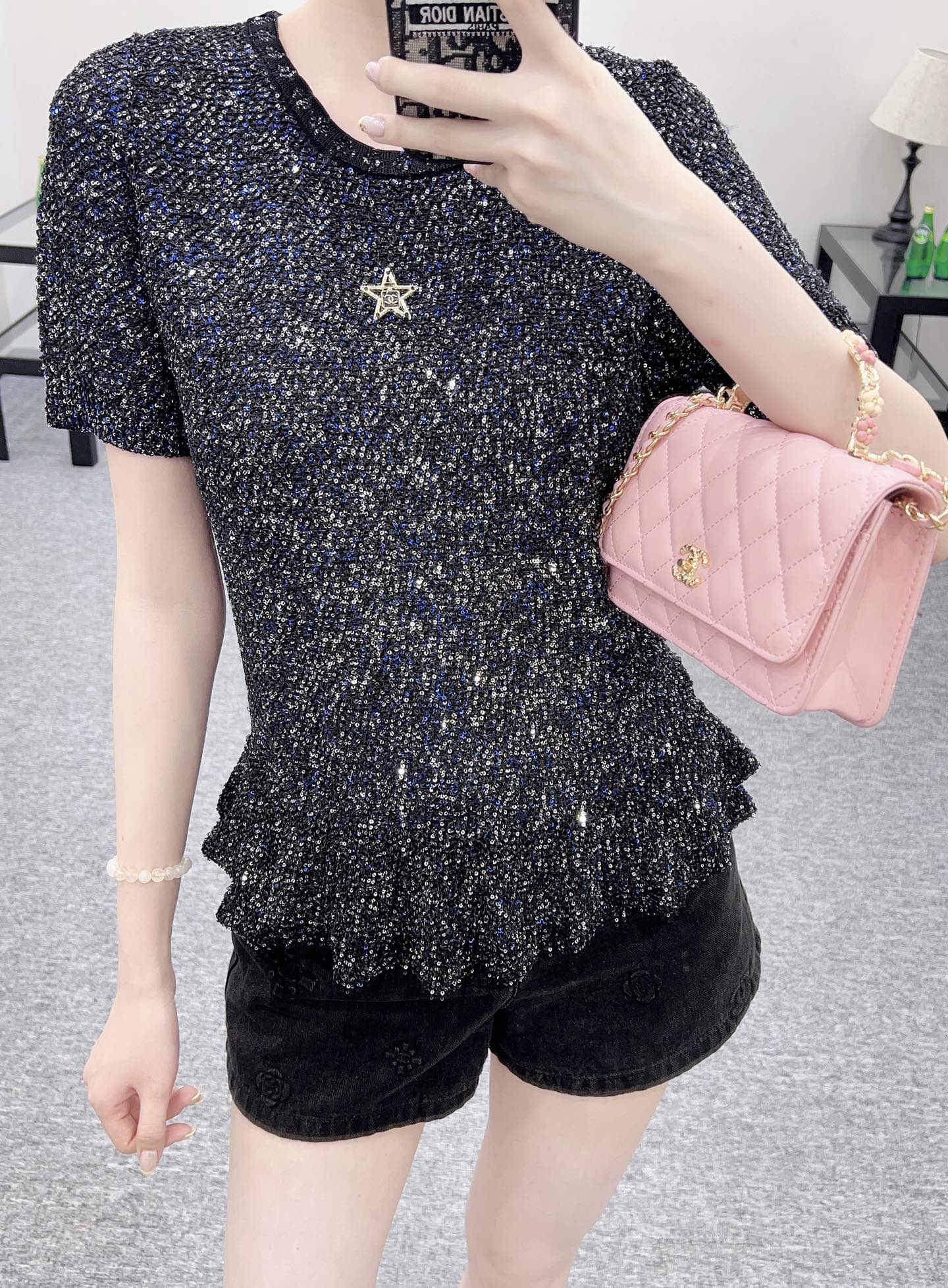 C*♥2025 new product Sequined silver knitted short sleeves