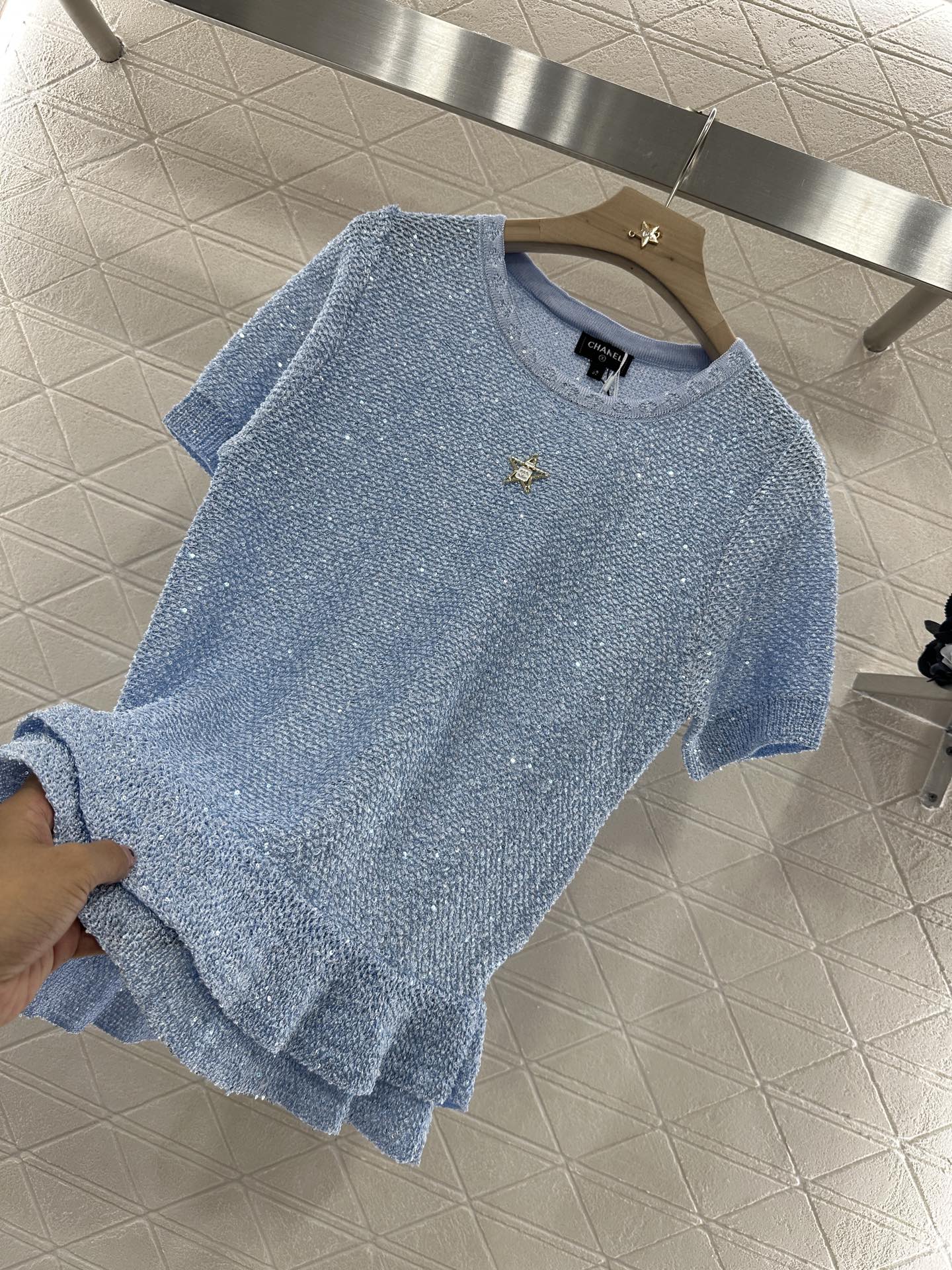 C*♥2025 new product Sequined silver knitted short sleeves