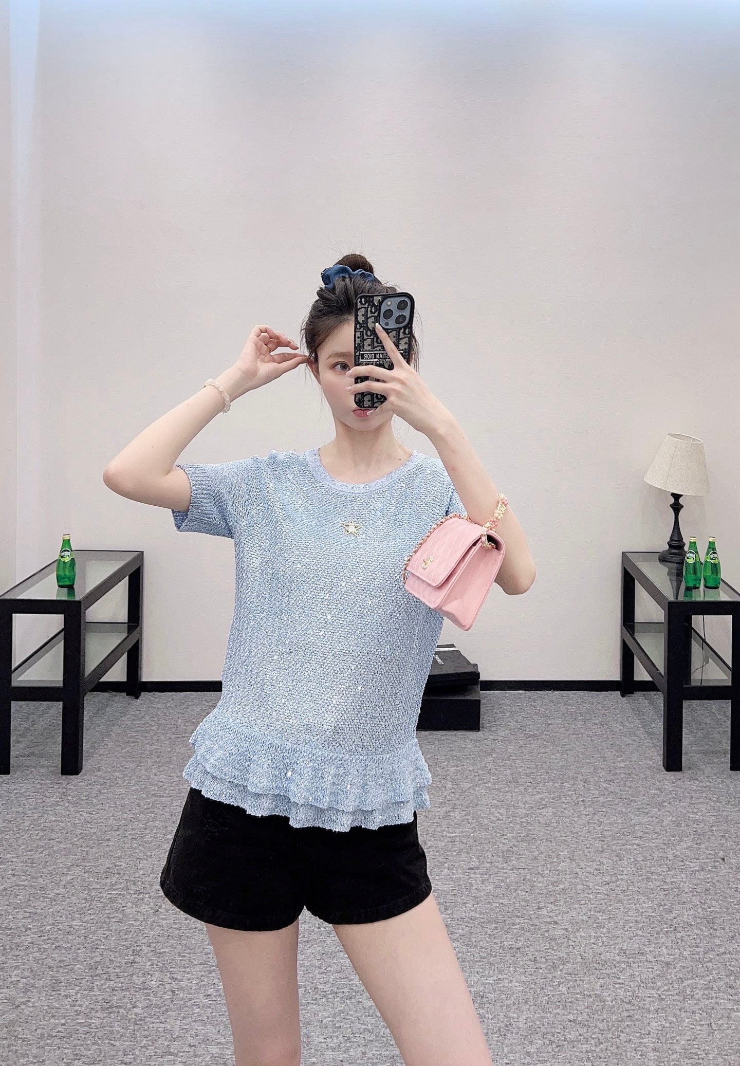 C*♥2025 new product Sequined silver knitted short sleeves