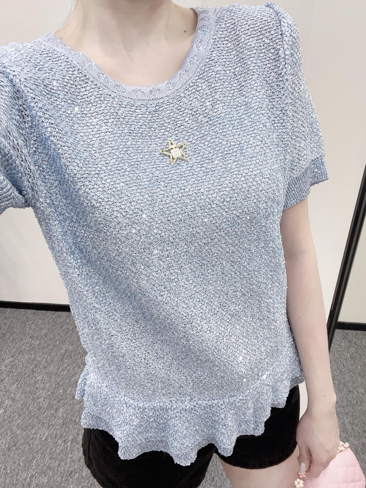C*♥2025 new product Sequined silver knitted short sleeves