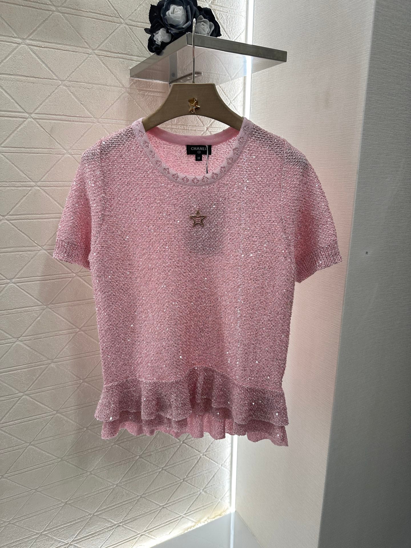 C*♥2025 new product Sequined silver knitted short sleeves
