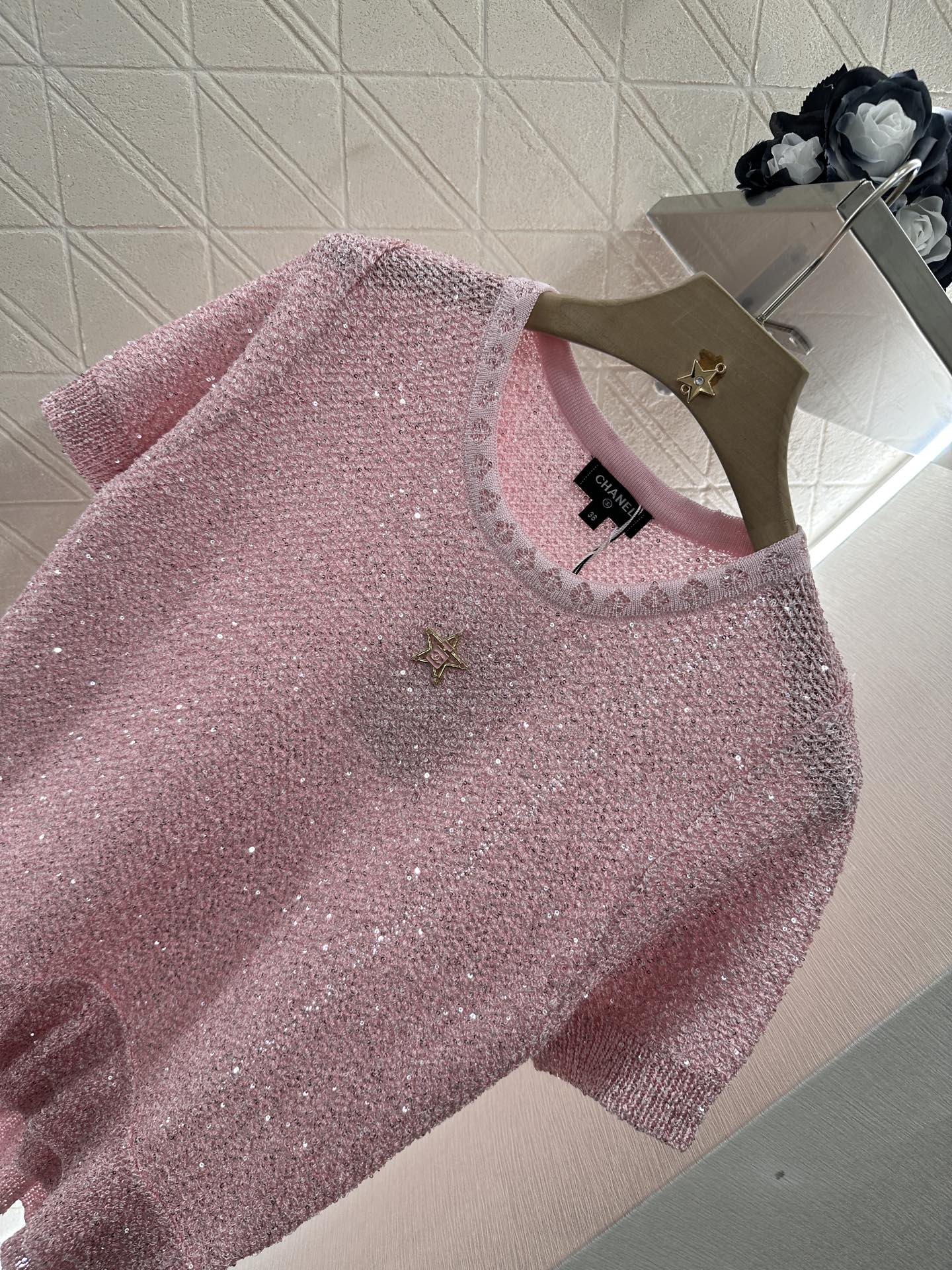 C*♥2025 new product Sequined silver knitted short sleeves