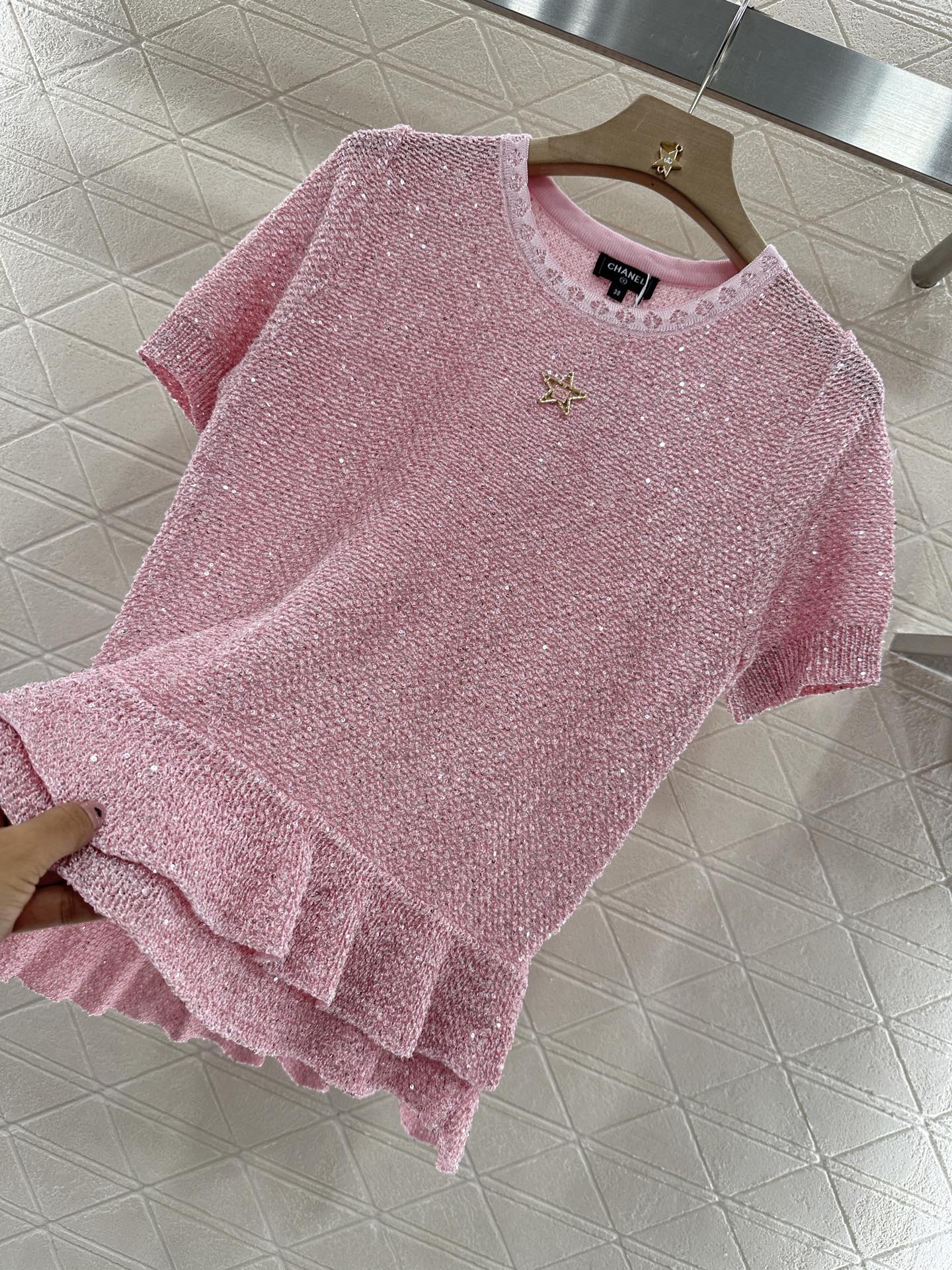 C*♥2025 new product Sequined silver knitted short sleeves