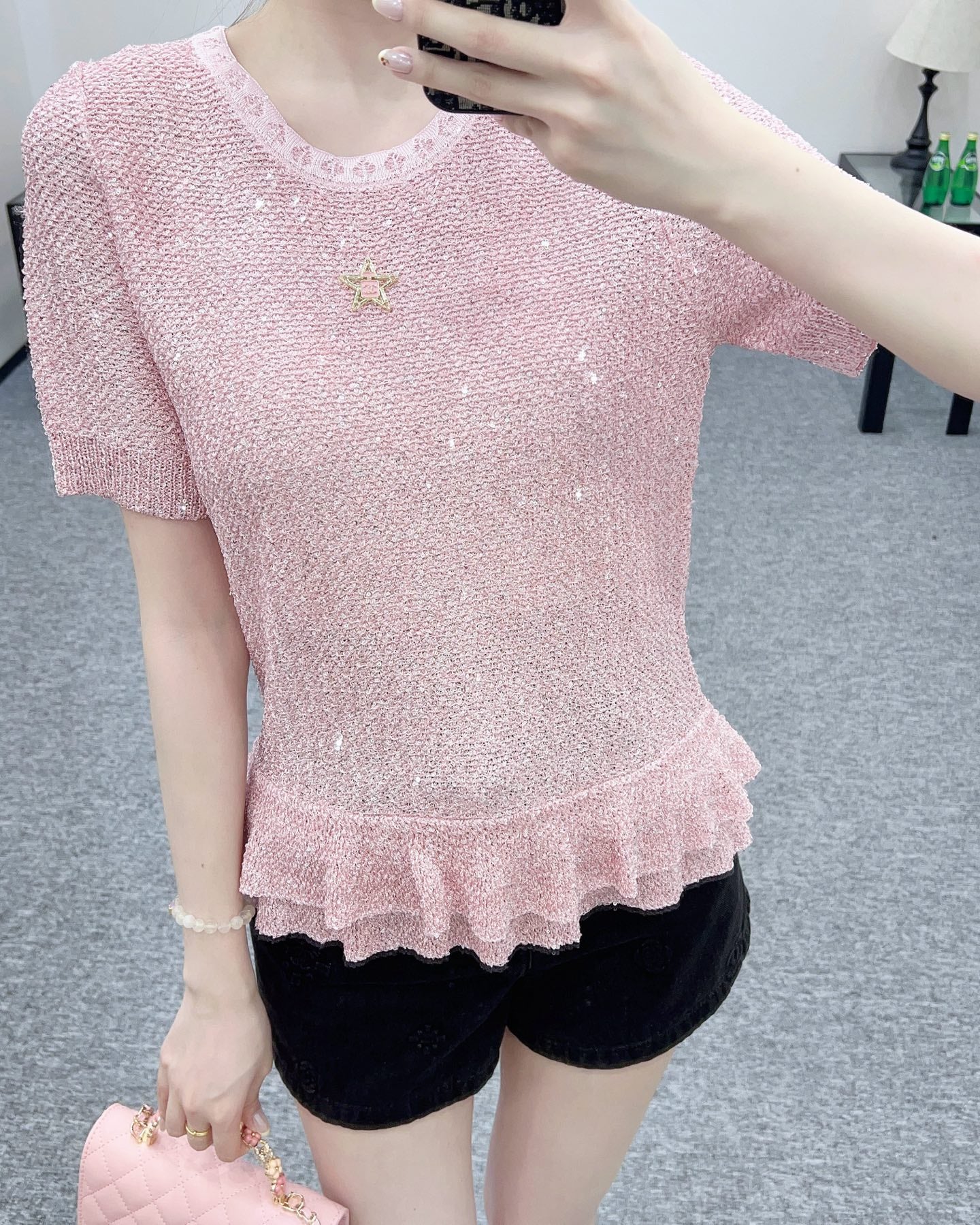C*♥2025 new product Sequined silver knitted short sleeves