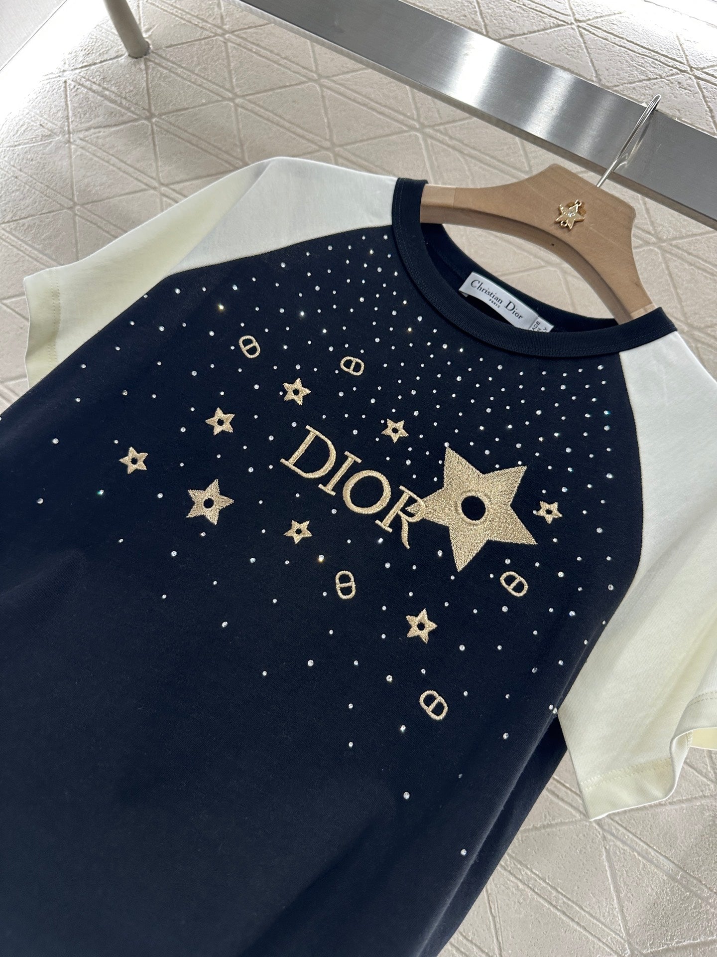 D*♥2025 new product Raglan embroidery rhinestone round neck