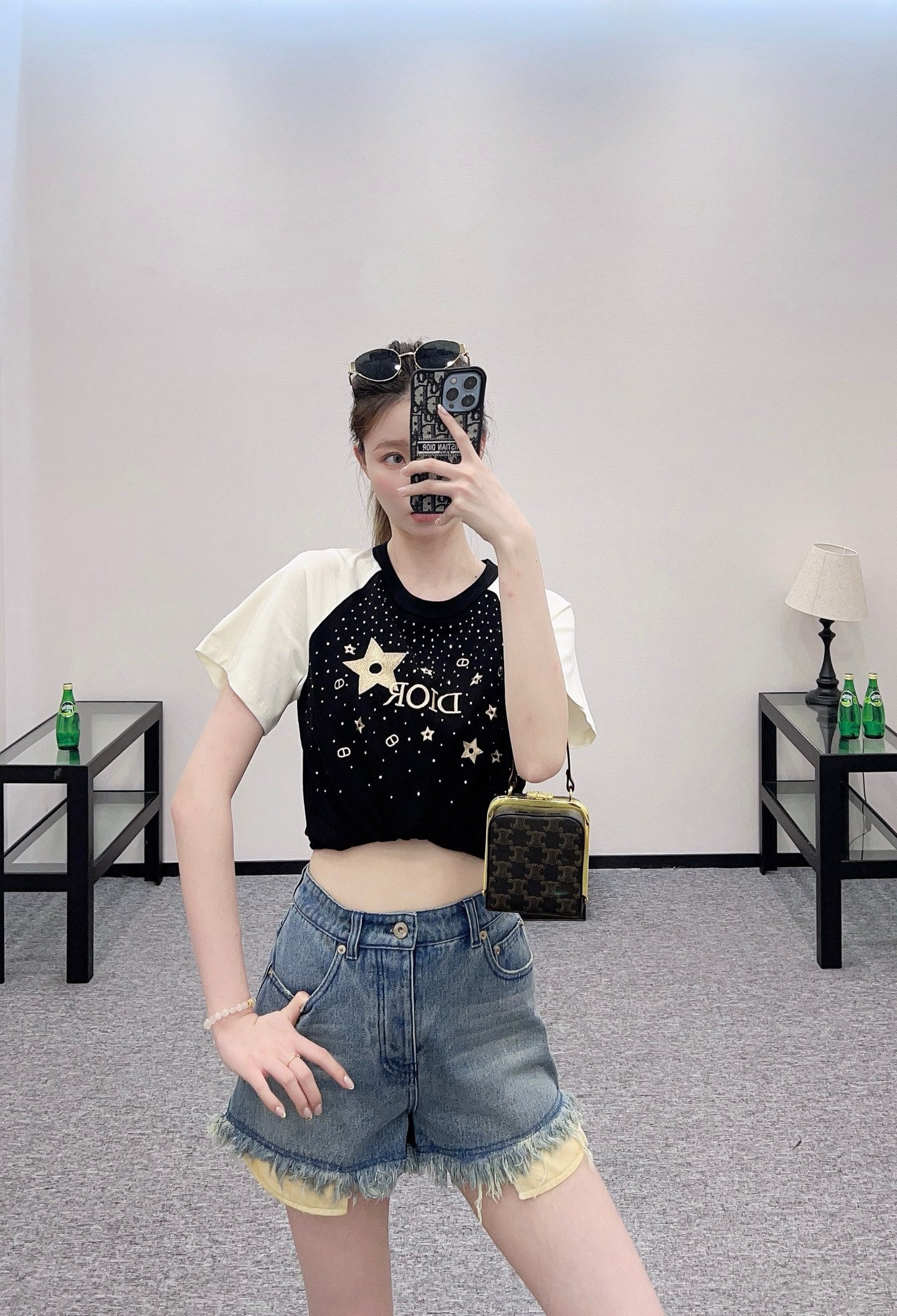 D*♥2025 new product Raglan embroidery rhinestone round neck