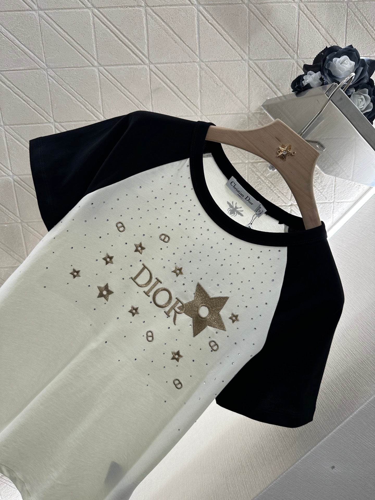 D*♥2025 new product Raglan embroidery rhinestone round neck