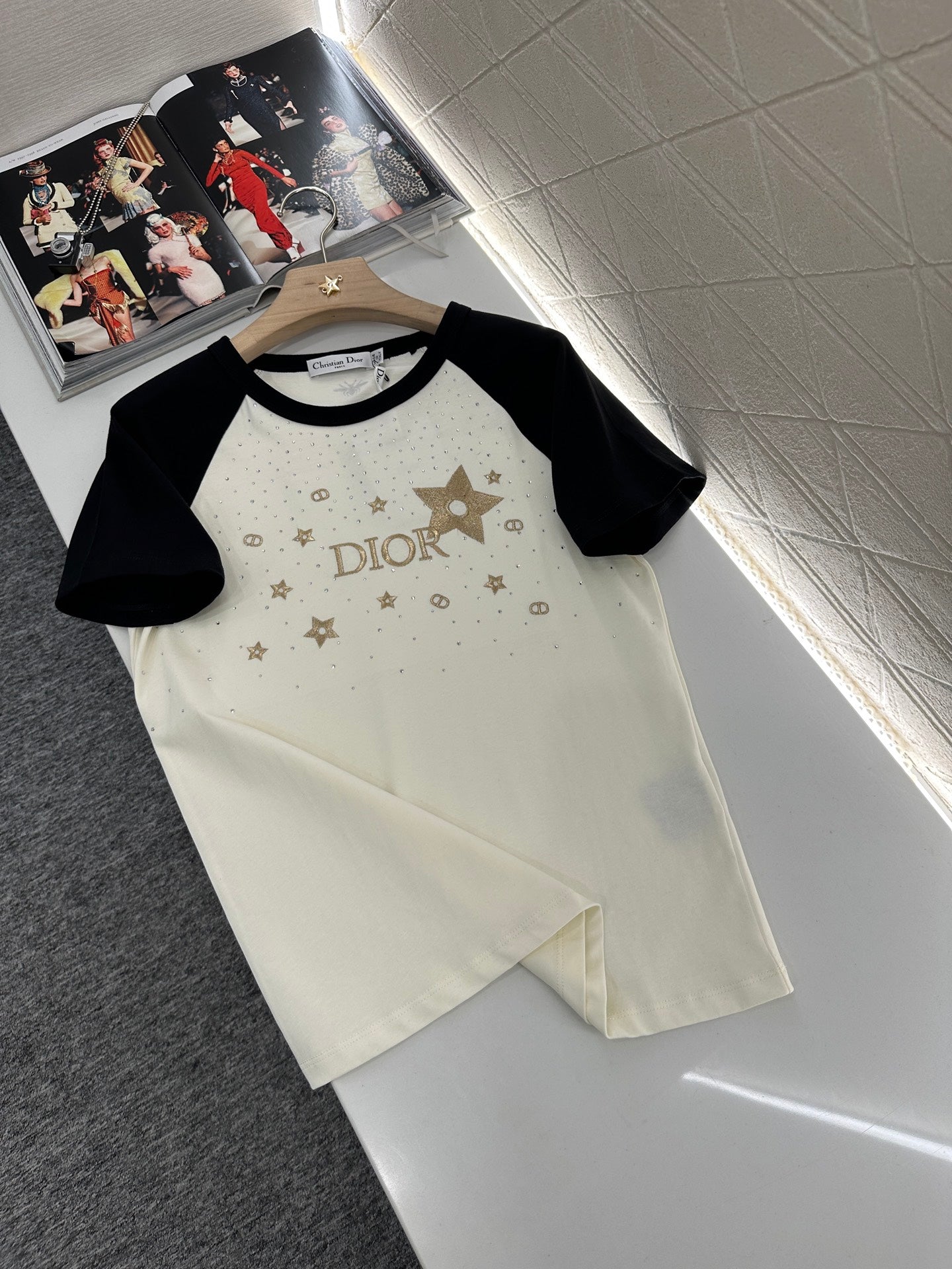 D*♥2025 new product Raglan embroidery rhinestone round neck