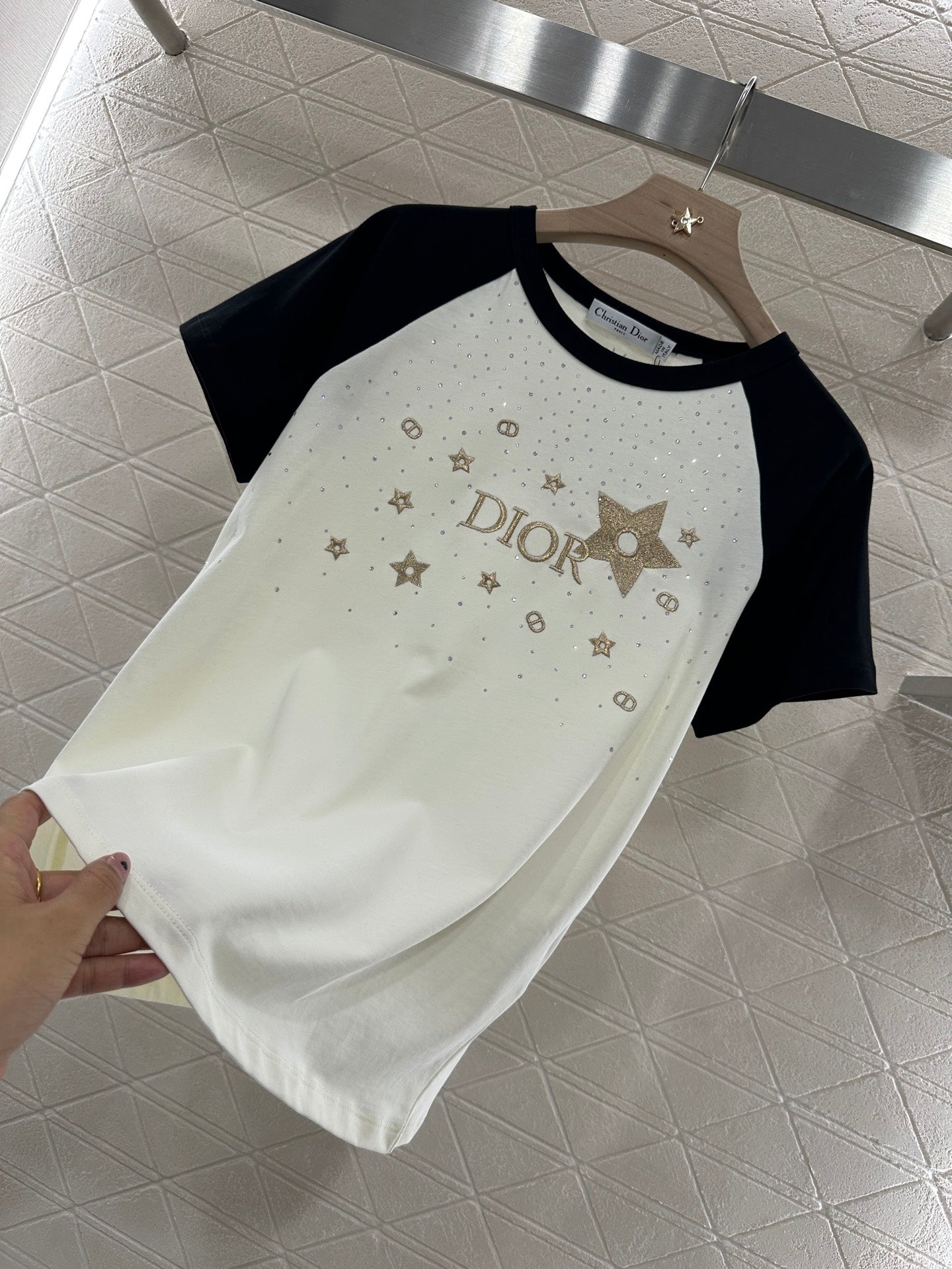 D*♥2025 new product Raglan embroidery rhinestone round neck
