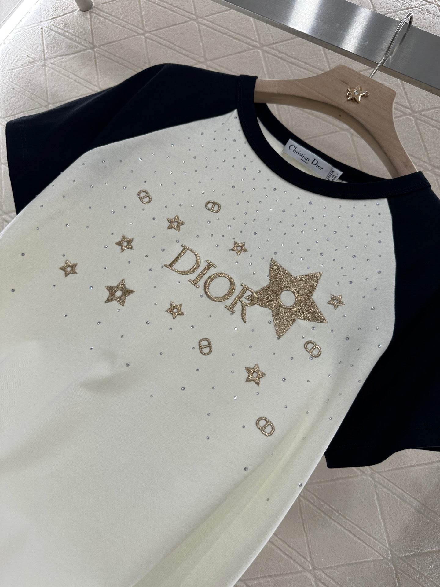 D*♥2025 new product Raglan embroidery rhinestone round neck