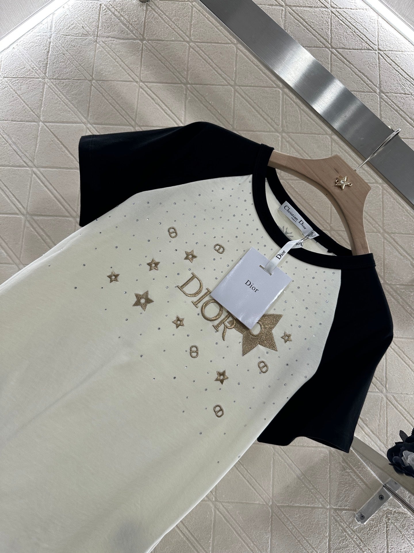 D*♥2025 new product Raglan embroidery rhinestone round neck