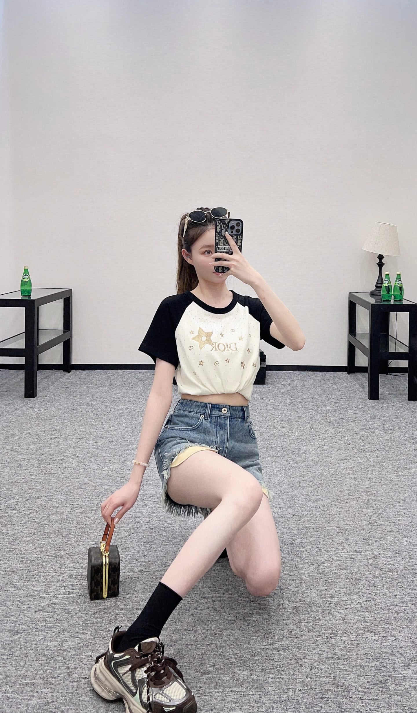 D*♥2025 new product Raglan embroidery rhinestone round neck